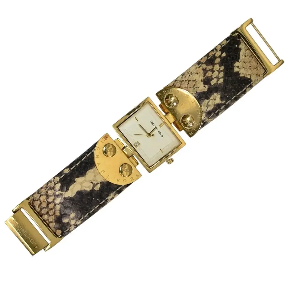 Michael Kors MK2114 Gold Square Watch Brown Python Snake Leather Band Date Dial
